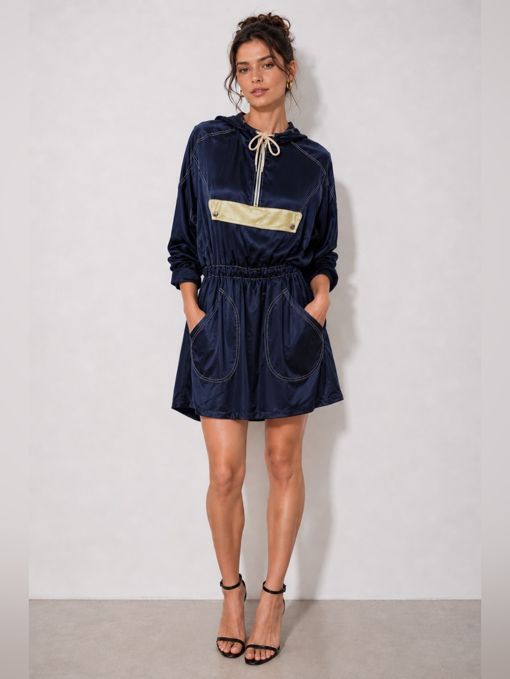 Walk of Shame Satin Hooded Mini Dress Navy Silk Hoodie Dress Adjustable Waist 44